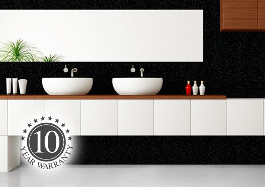 Bathroom with two sinks and black sparkle bathroom wall panels