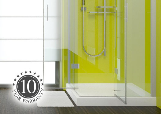 Shower cubicle fitted with lime green shower wall panels